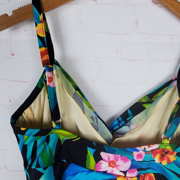 Miraclesuit 2 PC Roswell TANKINI SWIMSUIT Sz 12 Black Tropical Floral Underwire - Picture 10 of 16